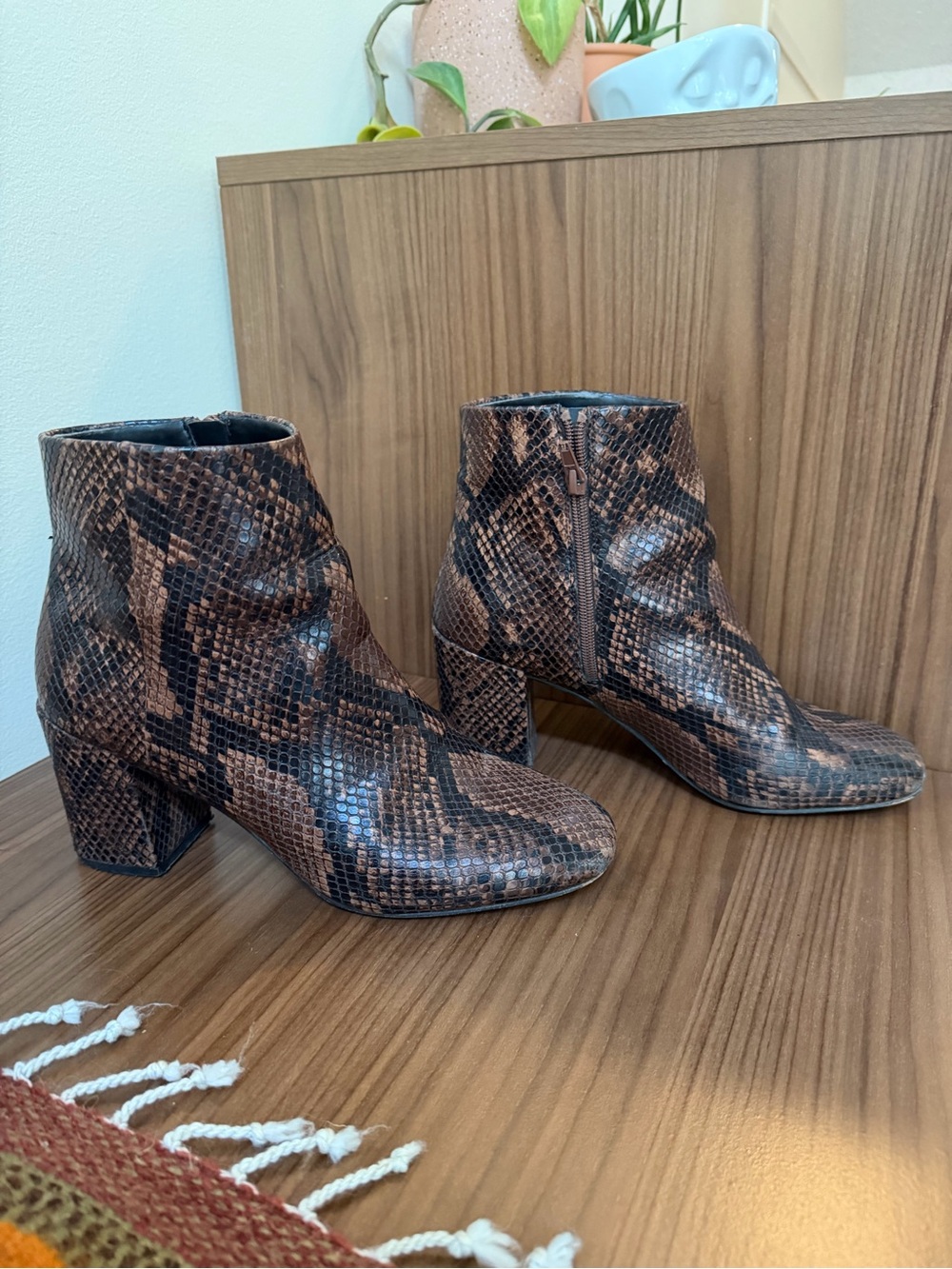 Aldo Brown Snake-Print Ankle Boots